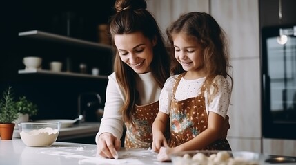 young beautiful mother teach daughter prepare food in kitchen