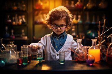A young girl with glasses, dressed as a scientist, conducts an experiment with colorful liquids - obrazy, fototapety, plakaty