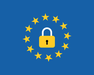 European union flag with a closed lock symbol stops emigration unauthorized signal vector illustration. - obrazy, fototapety, plakaty