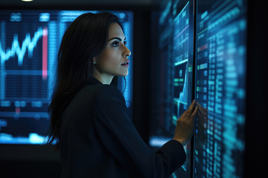 Female financial analyst examining stock ticker displays - Powered by Adobe