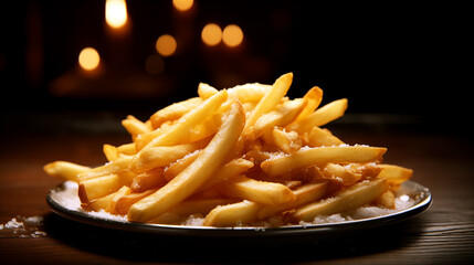 Golden French fries, perfectly fried to a crispy texture and artfully arranged on a ceramic plate.