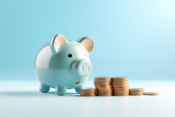 A Medium sized light blue piggy bank on light blue background with a neat stack of silver coins beside it.
