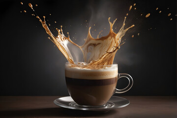 Aromatic coffee splash and splatter in a glass and cup