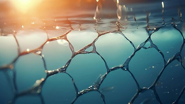 Closeup of a long, thin mesh net dd over the surface of the water, designed to skim and collect oil from the oceans surface.