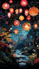 There are many beautiful lanterns hanging on the trees in the background at night
