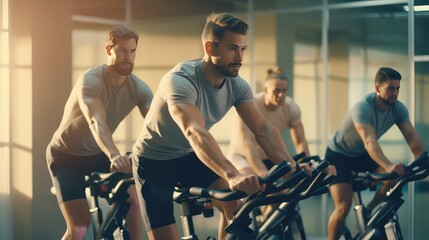 Fototapeta na wymiar Young people training on stationary bike in gym, Cardio routines