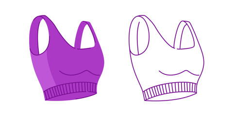 Sports woman purple bra vector illustration in two variations. Crop top fashion flat design isolated on a white background. For sports product design, stickers and templates