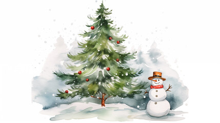 Watercolor painting of snowman with a tree 
