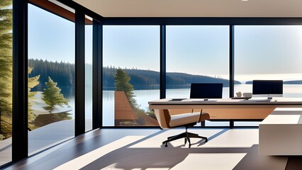 An airy workspace with a minimalist desk, ergonomic chair, and large windows framing a scenic outdoor landscape.
