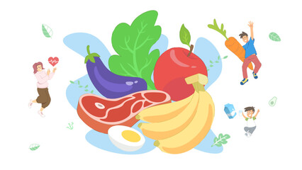 Healthy Organic Diet Nutrition Vector Illustration. Concept Showing balanced food between protein, vegetables, and fruits.