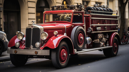 Classic old vintage style AI generated fire fighter truck parking on urban street without people. - Powered by Adobe