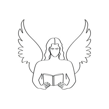 Archangel Uriel, Male, holding a book of elegant minimalist line art drawings. 