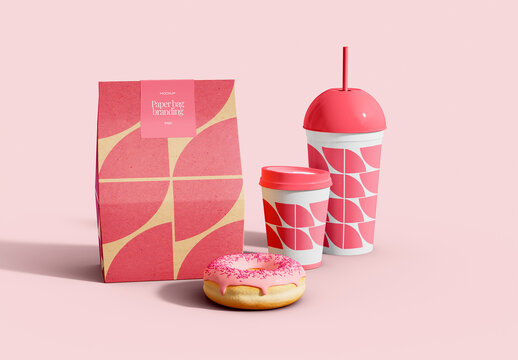 Cup with Bag and Donut Mockup
