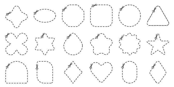 Set cut here shapes. Scissor cutting line symbol vector illustration.
