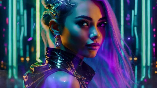 beautiful futuristic woman , looping video , Portrait of female neon light , Portrait Science Fiction , Machine Learning , video animation