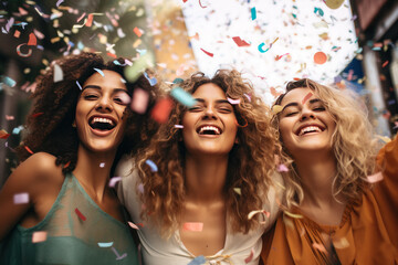 Friends have fun on party with throwing confetti - obrazy, fototapety, plakaty