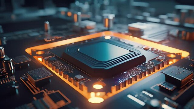 closeup shot of a semiconductor chip being tested for any defects in a semiconductor manufacturing facility. The chip is p inside a testing machine and then scanned for any anomalies or faults