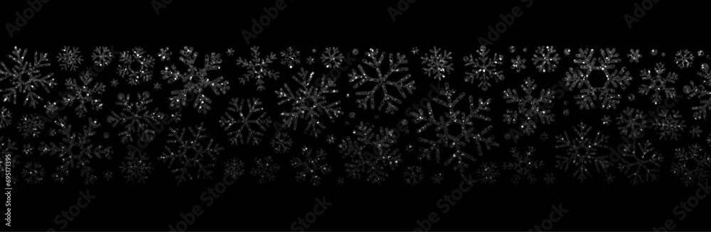 Wall mural Christmas poster with shiny black glittering snowflakes on black background.