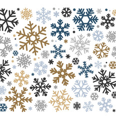Simple Christmas pattern with geometric blue, golden, silver snowflakes on white background.