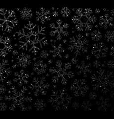 Naklejka na ściany i meble Christmas poster with shiny black glittering snowflakes on black background.