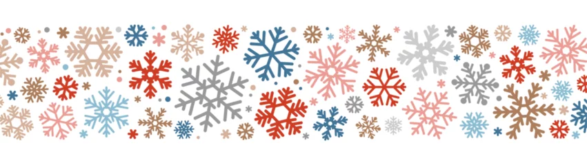 Fotobehang Simple Christmas pattern with geometric blue, golden, red snowflakes on white background. © Vjom