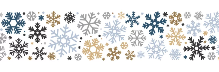Fotobehang Simple Christmas pattern with geometric blue, golden, silver snowflakes on white background. © Vjom