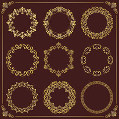 Vintage set of round brown and golden elements. Different elements for design frames, cards, menus, backgrounds and monograms. Classic patterns. Set of vintage patterns