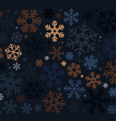 Fototapeta na wymiar Simple Christmas pattern with geometric blue, golden snowflakes on dark blue background.