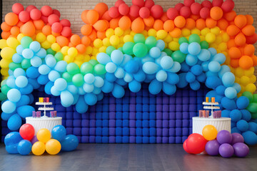 Celebration backdrop with rainbow arche from colorfull balloons - obrazy, fototapety, plakaty
