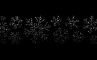 Christmas poster with shiny black glittering snowflakes on black background.