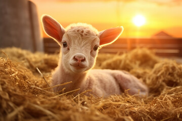 newborn lamb lying among straw in a stable, on golden sunset background - obrazy, fototapety, plakaty