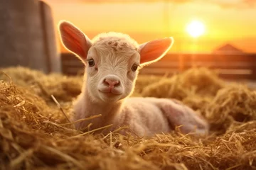 Poster newborn lamb lying among straw in a stable, on golden sunset background © arhendrix