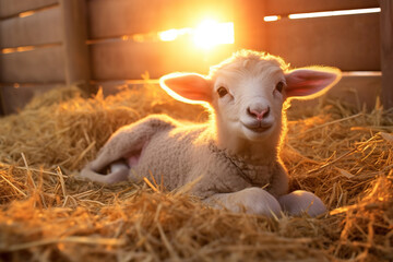 newborn lamb lying among straw in a stable, on golden sunset background