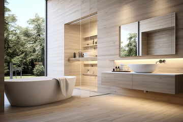 Fototapeta na wymiar Modern bathroom with tiles and wood in light tones,