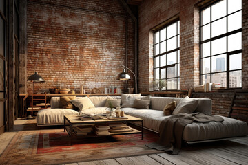 Living room in an industrial loft with large windows and exposed brick walls