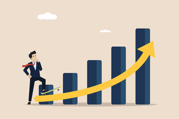 Growth for success, growing business to achieve goal, career development, businessman with skateboard prepare to run on growth rising graph.