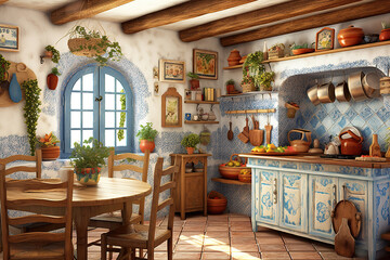 Illustration of the interior decoration of a traditional, rustic Mediterranean kitchen typical of Ibiza in the Balearic Islands.