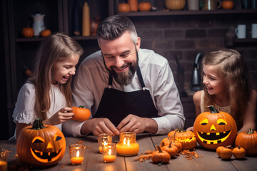 father with his two daughters decorating pumpkins for Halloween in the kitchen of their house, Halloween concept