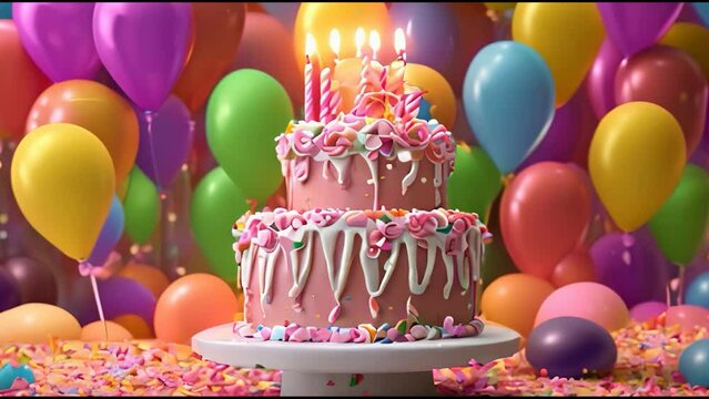 Happy Birthday or happy anniversary delicious delight cake with candles and sprinkles colorful balloons in background, Celebration, Enjoyment, 4K seamless loop footage, Slow motion Footage.