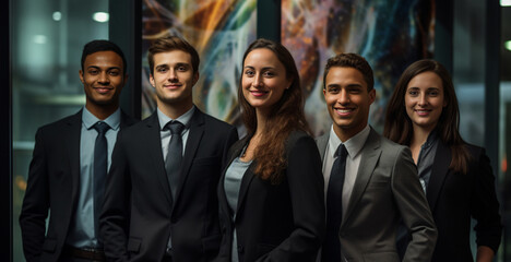 Obraz premium The business team exudes confidence in striking dark tone photo, embodying professional and strategic mindset that defines their collective approach to success. Generative AI.
