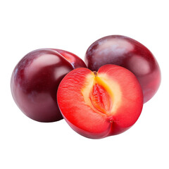 Fototapeta na wymiar fresh organic red plum cut in half sliced with leaves isolated on white background with clipping path