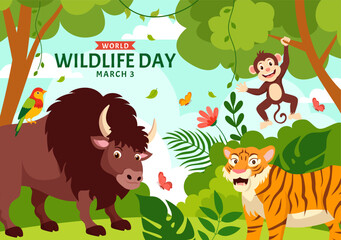 Naklejka premium World Wildlife Day Vector Illustration on March 3 with Various a Animals to Protection Animal and Preserve Their Habitat in Forest in Flat Background