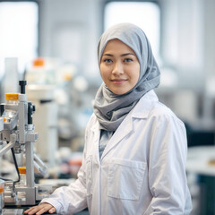 Asian female scientist of malay descent wearing a head scarf in a laboratory working in nutrition, food science and healthcare