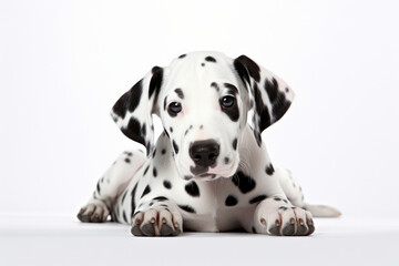 Purebred Dalmatian puppy, seated, playful, staring. Obedience education, black-and-white fur, isolated. AI Generative analysis.