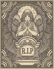 Illustration vector angels praying at the tombstone with engraving ornament frame - obrazy, fototapety, plakaty