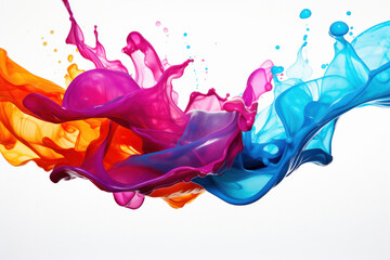 Dynamic explosion of multicolored liquid in the air against white background. Isolated splatter elements add artistic creativity and grunge texture. Abstract concept. Is AI Generative.