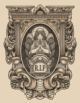 Illustration vector angels praying at the tombstone with engraving ornament frame