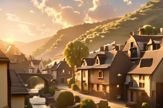 village in medival era Generative AI. Virtual video scene animated background