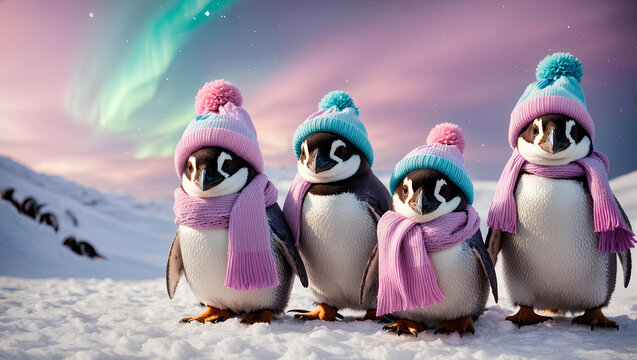 Baby penguins wearing pastel colored hats and scarves in a wintery scene pink purple blue green northern lights ai generated