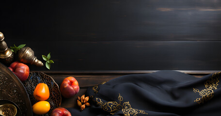 Ramadan Background with copy space - Top View of a black wooden table with Arabian traditional fabrics